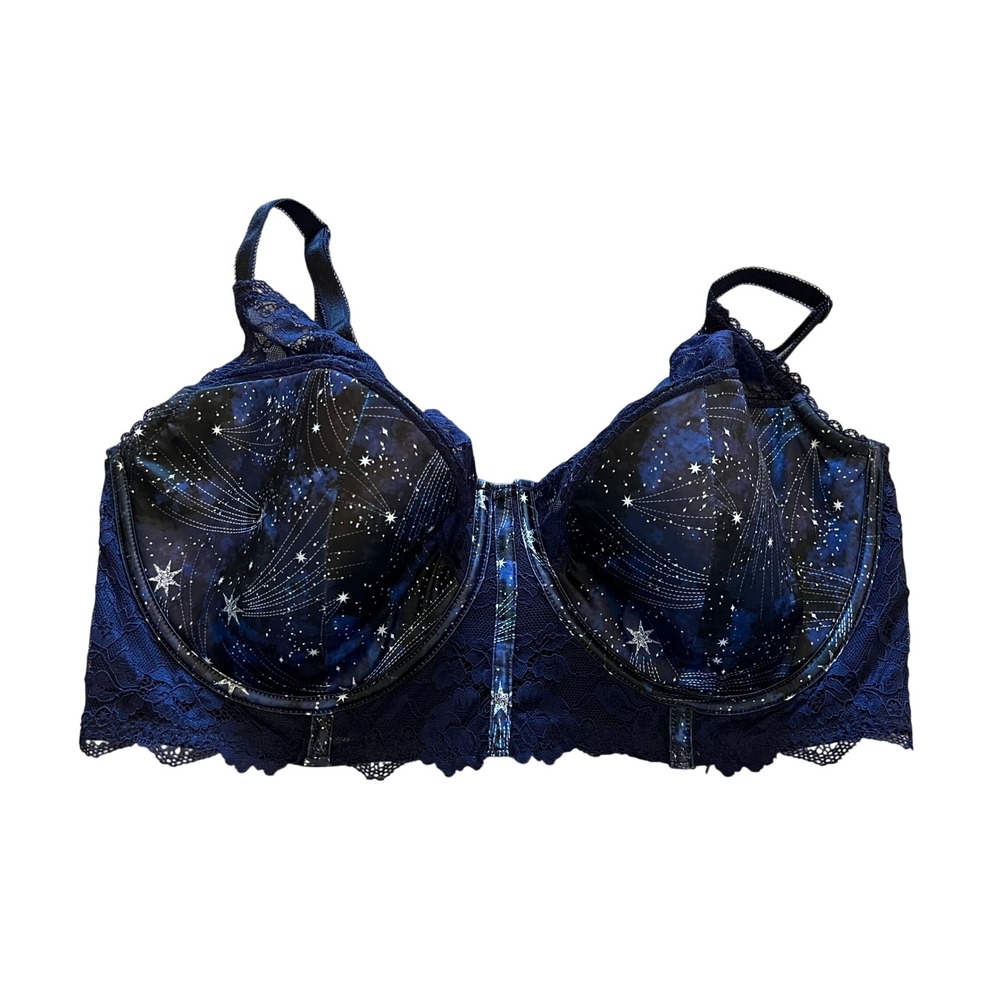 Adore Me 38G Celestial Galaxy Star Print Lace Longline Underwire Bra Navy Blue